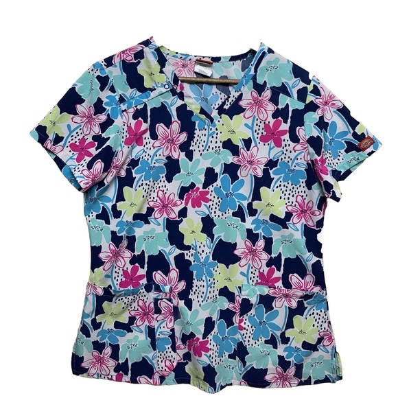 Dickies Scrubs Women's Sz M  V-Neck Scrub Top Floral Nurse Top RN#93643 - Picture 1 of 9
